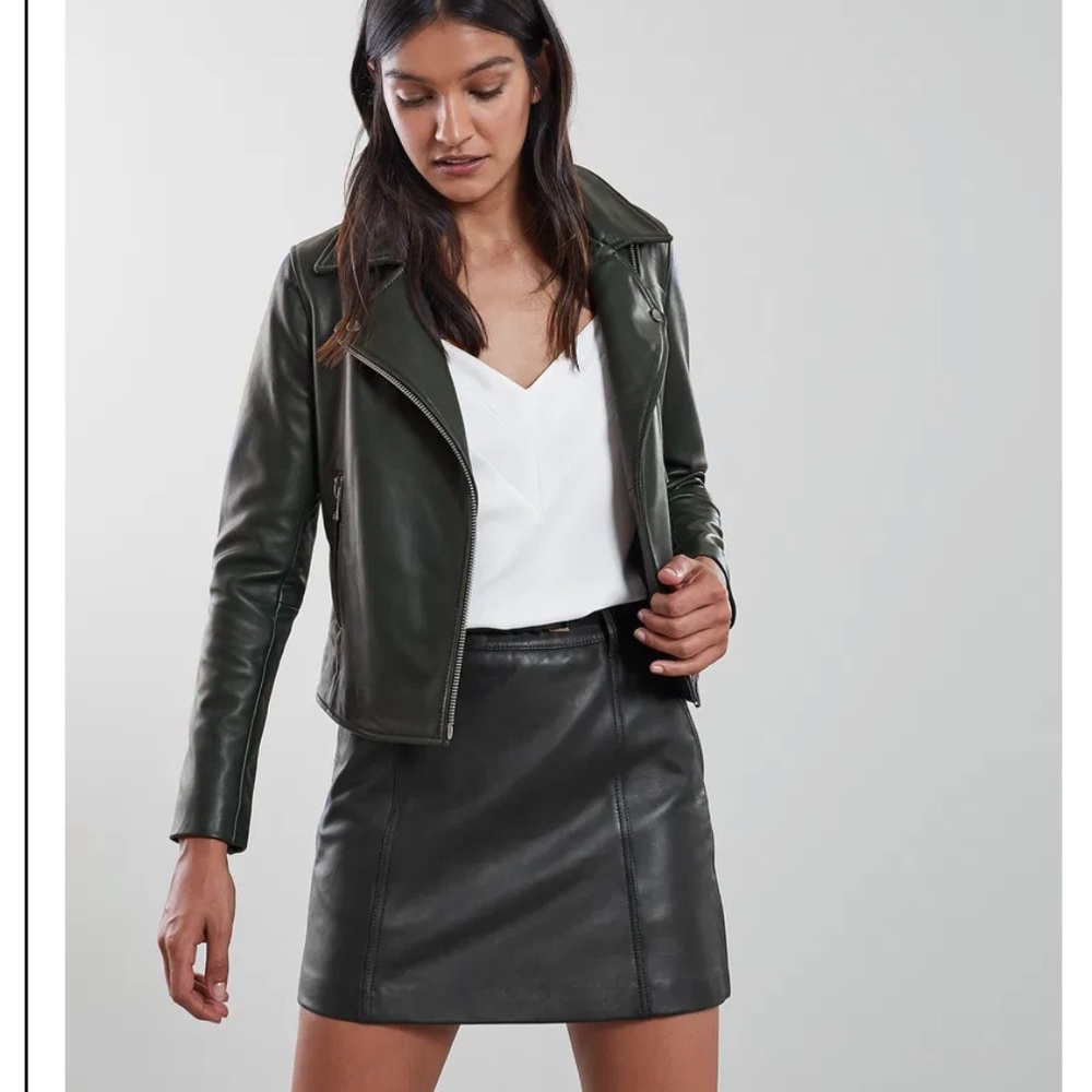 Reiss Gia Leather Biker Jacket - Green